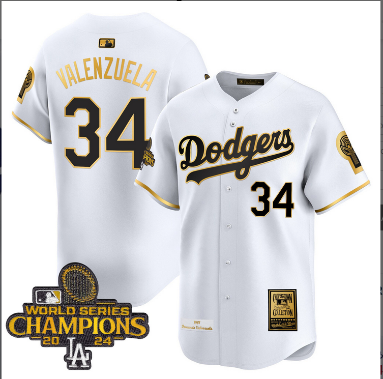 Men MLB Los Angeles Dodgers #34 Valenzuela white 2024 World Series Champions Patch Cooperstown Jersey style 3